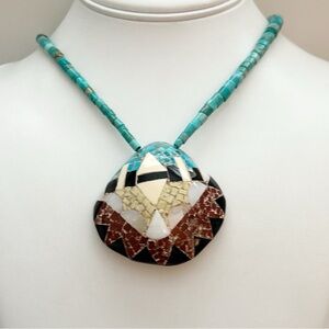 Vintage Santo Domingo Kewa Pueblo Turquoise Sterling Gemstone Inlay Necklace